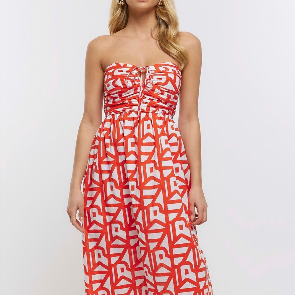 River Island Strapless Orange/Red and White Dress
